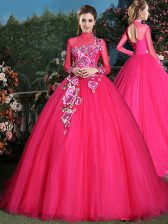Best Selling With Train Ball Gowns Long Sleeves Coral Red Quince Ball Gowns Brush Train Lace Up