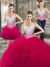  Three Piece Hot Pink Sleeveless Tulle Lace Up Quinceanera Gowns for Military Ball and Sweet 16 and Quinceanera