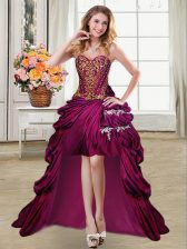 Beauteous Sleeveless High Low Beading and Appliques and Pick Ups Lace Up Prom Party Dress with Fuchsia
