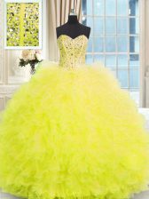 Artistic Floor Length Light Yellow Sweet 16 Dresses Tulle Sleeveless Beading and Ruffles