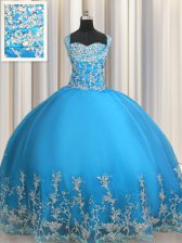 Baby Blue Ball Gowns Beading and Appliques Sweet 16 Dresses Lace Up Organza Sleeveless Floor Length
