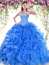 Great Blue 15th Birthday Dress Military Ball and Sweet 16 and Quinceanera with Beading and Ruffles Sweetheart Sleeveless Sweep Train Lace Up