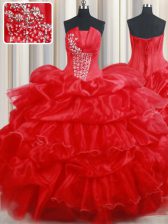 Exquisite Red Sleeveless Floor Length Beading and Pick Ups Lace Up Quinceanera Dress