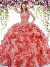 New Style White And Red Organza Lace Up Sweetheart Sleeveless Floor Length Sweet 16 Quinceanera Dress Beading and Ruffles