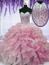  Rose Pink Ball Gowns Beading and Ruffles Quinceanera Gown Lace Up Organza Sleeveless Floor Length