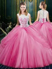 Inexpensive Scoop Floor Length Zipper Sweet 16 Dresses Rose Pink for Military Ball and Sweet 16 and Quinceanera with Lace and Pick Ups