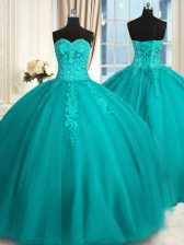 Pretty Teal Sleeveless Appliques and Embroidery Floor Length 15th Birthday Dress