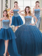 Affordable Four Piece Teal Sleeveless Tulle Lace Up Quinceanera Dresses for Military Ball and Sweet 16 and Quinceanera