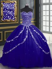 Elegant Blue Lace Up Vestidos de Quinceanera Beading and Appliques Sleeveless With Brush Train