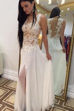 Delicate White A-line Bateau Sleeveless Chiffon Floor Length Zipper Beading and Lace Prom Dress