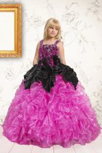  Organza Straps Sleeveless Lace Up Beading and Ruffles Pageant Gowns For Girls in Black and Hot Pink