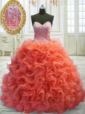 Unique Coral Red Sleeveless Organza Sweep Train Lace Up Sweet 16 Quinceanera Dress for Military Ball and Sweet 16 and Quinceanera