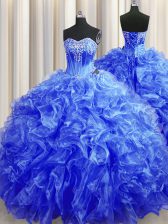 Enchanting Royal Blue Sweet 16 Dresses Military Ball and Sweet 16 and Quinceanera with Beading and Ruffles Sweetheart Sleeveless Sweep Train Lace Up