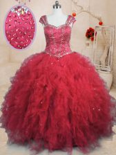 Traditional Floor Length Red Quinceanera Dresses Tulle Cap Sleeves Beading and Ruffles