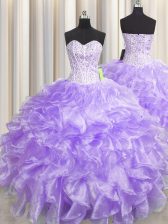 Fitting Visible Boning Zipper Up Lavender 15th Birthday Dress Military Ball and Sweet 16 and Quinceanera with Beading and Ruffles Sweetheart Sleeveless Zipper