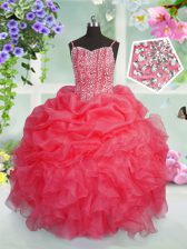 Adorable Rose Pink Girls Pageant Dresses Party and Wedding Party with Beading and Ruffles and Pick Ups Spaghetti Straps Sleeveless Lace Up