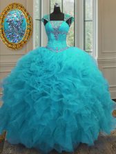 Gorgeous Straps Organza Cap Sleeves Floor Length Sweet 16 Dress and Beading and Ruffles and Sequins