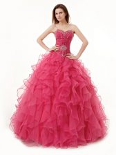 Popular Sweetheart Sleeveless 15 Quinceanera Dress Floor Length Beading and Ruffles Coral Red Organza
