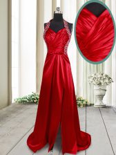 Stylish Halter Top Wine Red Sleeveless Elastic Woven Satin Brush Train Criss Cross Prom Dresses for Prom