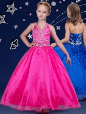  Hot Pink Lace Up Halter Top Beading Pageant Gowns For Girls Organza Sleeveless