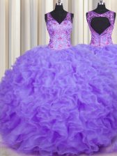Sumptuous V Neck Lavender Ball Gowns Beading and Appliques and Ruffles Sweet 16 Dresses Backless Organza Sleeveless Floor Length