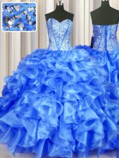 Popular Organza Sweetheart Sleeveless Lace Up Beading and Ruffles Quinceanera Dress in Blue