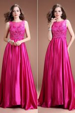 Clearance Bateau Sleeveless Zipper Dress for Prom Hot Pink Satin