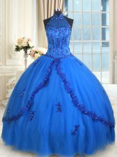 Modest Halter Top See Through Sleeveless Beading and Appliques Lace Up Ball Gown Prom Dress