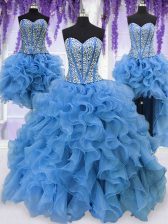 Adorable Four Piece Blue Ball Gowns Organza Sweetheart Sleeveless Ruffles and Sequins Floor Length Lace Up Sweet 16 Quinceanera Dress