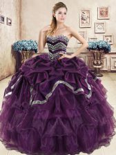 Latest Purple Lace Up Quinceanera Gown Beading and Ruffled Layers and Pick Ups Sleeveless Floor Length