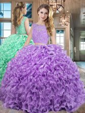 High End Sleeveless Organza Floor Length Lace Up Sweet 16 Dress in Lavender with Lace and Ruffles