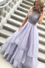  Scoop Floor Length Zipper Dress for Prom Lavender for Prom and Party with Beading