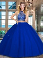 Cheap Royal Blue Two Pieces Halter Top Sleeveless Tulle Floor Length Backless Beading Quinceanera Gown