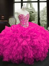 Lovely Fuchsia Sleeveless Floor Length Embroidery and Ruffles Lace Up 15th Birthday Dress
