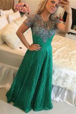  Scoop Floor Length Green Prom Gown Lace Short Sleeves Beading