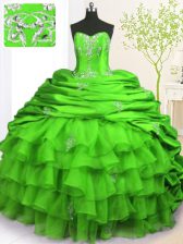 Pretty Green Ball Gowns Organza and Taffeta Strapless Sleeveless Beading and Appliques and Ruffled Layers and Pick Ups With Train Lace Up Vestidos de Quinceanera Brush Train
