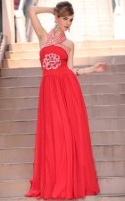  Coral Red A-line Halter Top Sleeveless Chiffon Floor Length Side Zipper Embroidery Prom Dresses