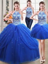 Designer Three Piece Halter Top Royal Blue Tulle Lace Up Quinceanera Gown Sleeveless Floor Length Beading and Pick Ups