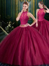Glamorous Sleeveless Tulle Floor Length Lace Up Quinceanera Gowns in Burgundy with Beading and Lace