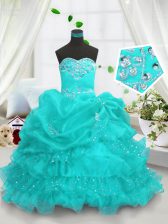 Simple Aqua Blue Sleeveless Floor Length Beading and Ruffled Layers and Pick Ups Lace Up Kids Pageant Dress