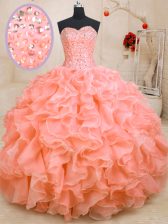 Captivating Sweetheart Sleeveless Lace Up Quinceanera Dresses Pink Organza
