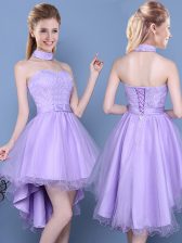  Lavender Taffeta and Tulle Lace Up Dama Dress for Quinceanera Sleeveless High Low Lace and Bowknot