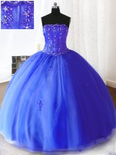Shining Royal Blue Tulle Lace Up 15th Birthday Dress Sleeveless Floor Length Beading and Appliques