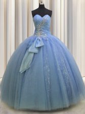  Sequins Bowknot Sweetheart Sleeveless Lace Up Quinceanera Dress Light Blue Tulle