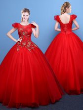 High Class Scoop Red Short Sleeves Floor Length Appliques Lace Up Quinceanera Dresses