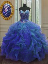 Inexpensive Blue Ball Gowns Sweetheart Sleeveless Organza and Sequined Floor Length Lace Up Beading and Ruffles Quinceanera Dresses