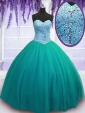 Clearance Floor Length Turquoise Quince Ball Gowns Sweetheart Sleeveless Lace Up