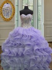 Edgy Floor Length Lavender Quinceanera Dresses Organza Sleeveless Beading and Ruffles