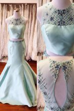 Dynamic Mermaid Satin Scoop Sleeveless Backless Beading and Sashes ribbons Dress for Prom in Light Blue