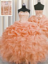  Visible Boning Sleeveless Organza Floor Length Lace Up Quinceanera Gown in Orange with Beading and Ruffles and Pick Ups
